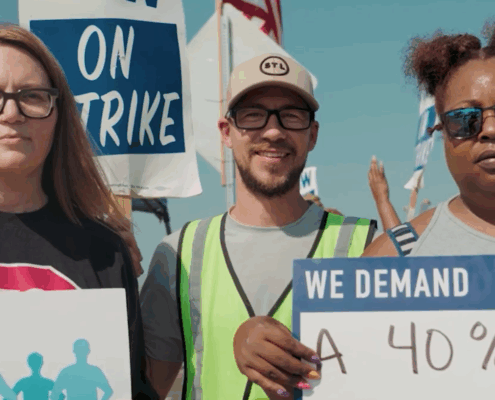 Photo of UAW members on the picket line during the union's 2023 Stand Up Strike at the Big Three automakers.