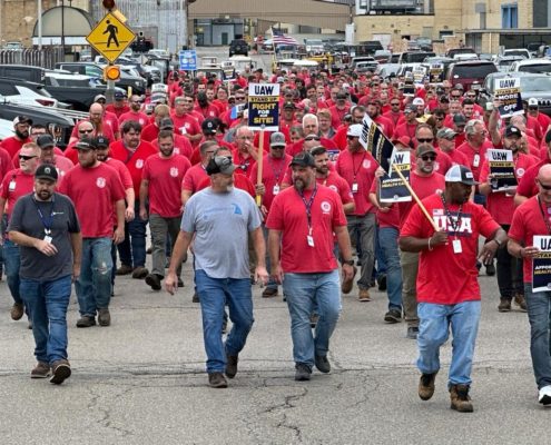 Photo of UAW Local 647 members during a solidarity march at GE Aerospace in Evendale, OH.