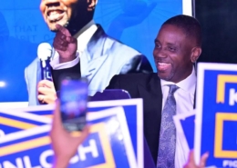 Photo of Pastor Solomon Kinloch Jr. and supporters after Kinloch advanced to the general election for Detroit mayor in November. Photo courtesy of the Solomon Kinloch Jr. Facebook page.