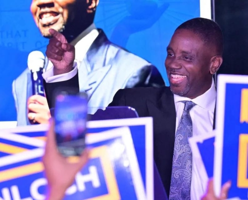 Photo of Pastor Solomon Kinloch Jr. and supporters after Kinloch advanced to the general election for Detroit mayor in November. Photo courtesy of the Solomon Kinloch Jr. Facebook page.