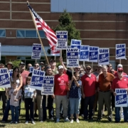 Photo of UAW Local 647 members and supporters on the picket line at GE Aerospace in Evendale, OH.