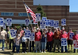 Photo of UAW Local 647 members and supporters on the picket line at GE Aerospace in Evendale, OH.