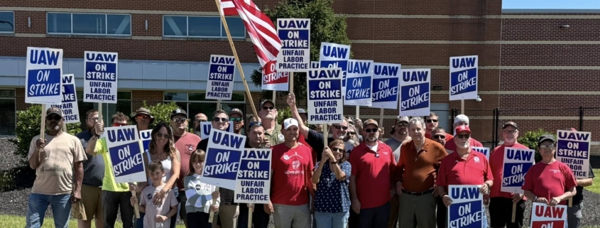 Photo of UAW Local 647 members and supporters on the picket line at GE Aerospace in Evendale, OH.