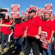 Photo of UAW Local 42 members speaking with the media during a practice picket at Volkswagen in Chattanooga, TN, on October 22, 2025.