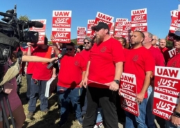 Photo of UAW Local 42 members speaking with the media during a practice picket at Volkswagen in Chattanooga, TN, on October 22, 2025.