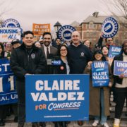 Photo of Claire Valdez with supporters of her campaign for Congress in New York’s 7th Congressional District