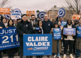 Photo of Claire Valdez with supporters of her campaign for Congress in New York’s 7th Congressional District