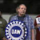 Photo of UAW Local 2359 members speaking with the media on Conn-Selmer's decision to close its plant in Eastlake, OH.