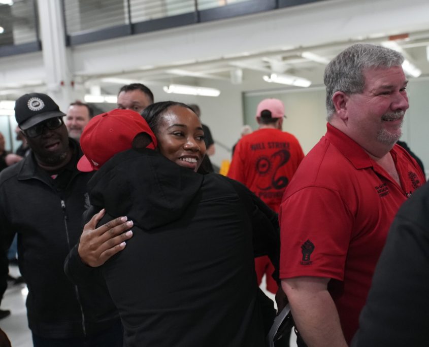 UAW Local 42 members celebrate after ratifying their first-ever contract with Volkswagen in Chattanooga, TN.