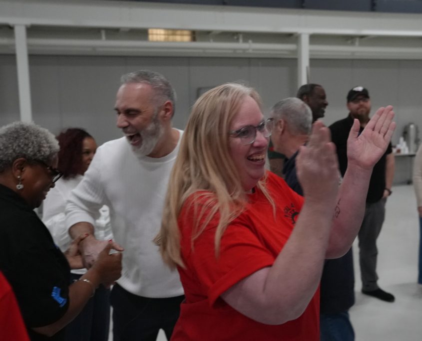 UAW Local 42 members celebrate after the contract at Volkswagen in Chattanooga, TN, is ratified by 96% on February 19 2026.