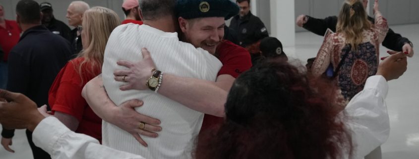 UAW Local 42 members celebrate after ratifying their first-ever contract with Volkswagen in Chattanooga, TN, on February 19, 2026.