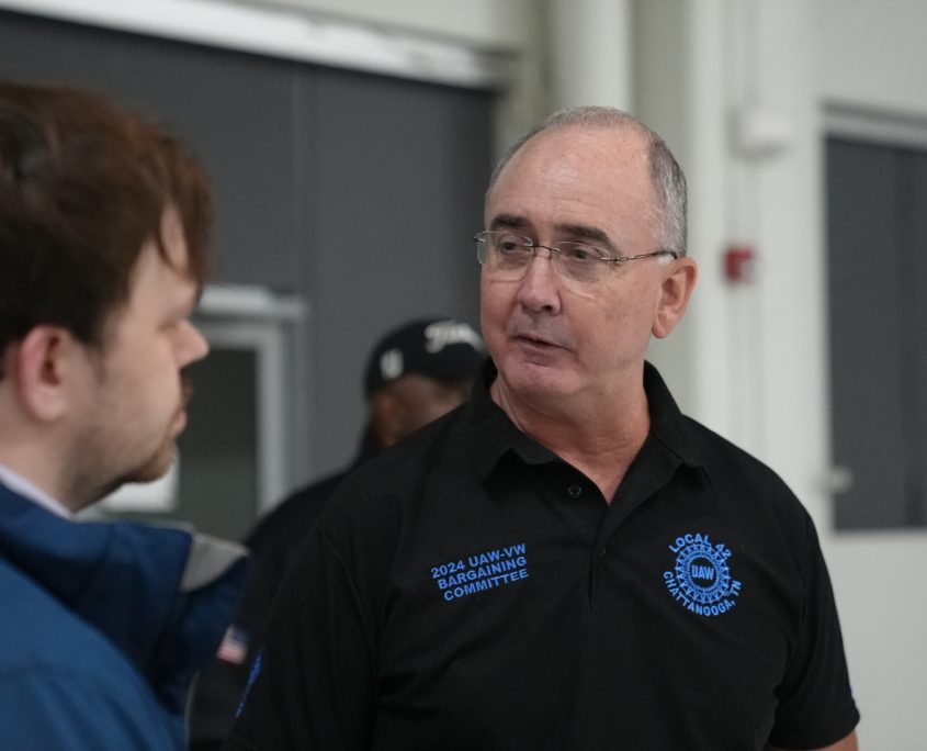 UAW President Shawn Fain at the Local 42 ratification announcement for Volkswagen in Chattanooga, TN, on February 19, 2026.