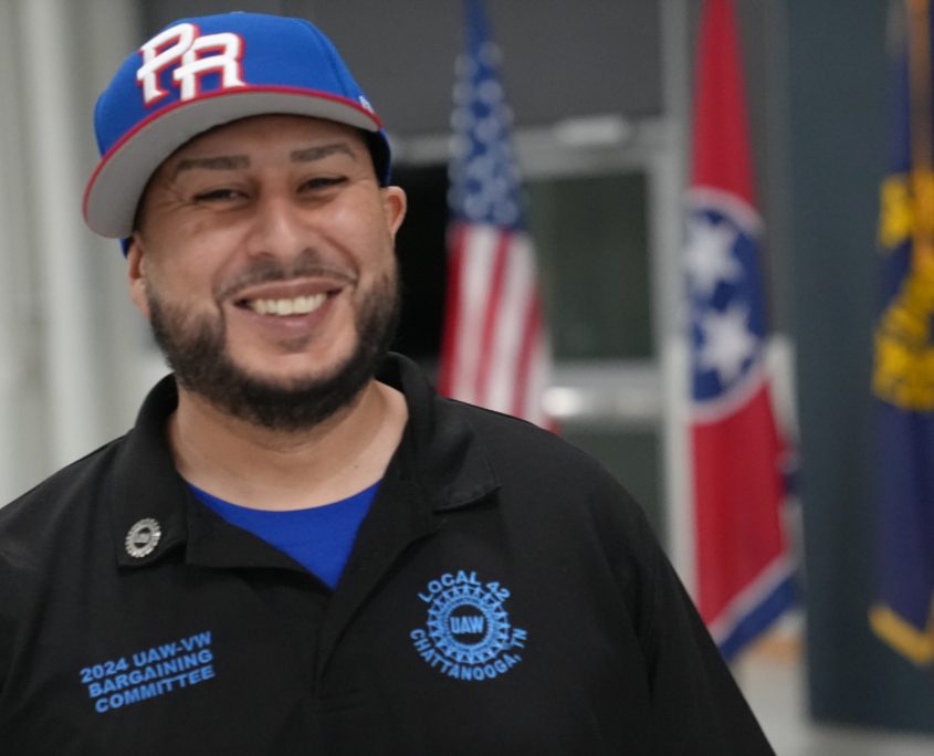 A UAW Local 42 member celebrates after the ratification of the first-ever union contract at Volkswagen in Chattanooga, TN, on February 19, 2026.