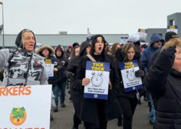 UAW Local 2192 members rally in front of Lorain County Jobs and Family Services in Elyria, OH, on February 3, 2026.