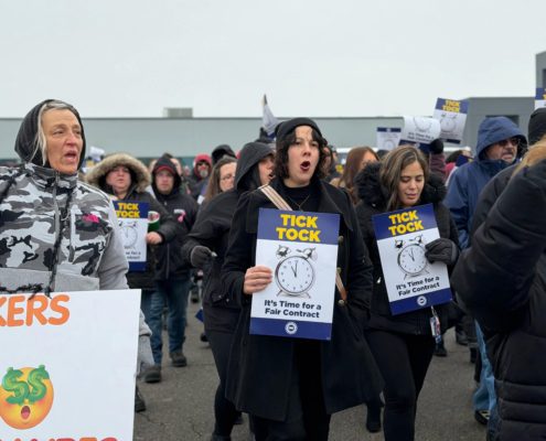 UAW Local 2192 members rally in front of Lorain County Jobs and Family Services in Elyria, OH, on February 3, 2026.