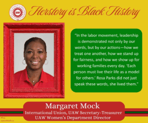 Yellow flyer with red writing, with African American women wearing a red shirt,