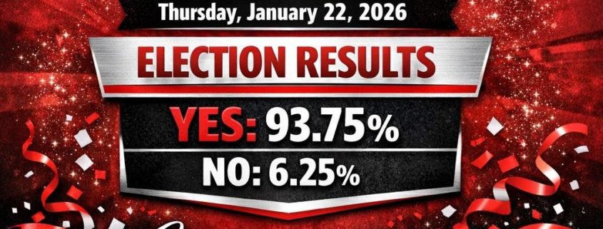 Ratification flyer, red background with white, black and yellow writing