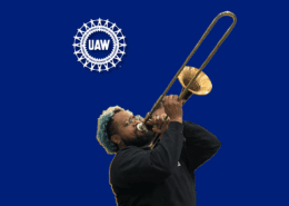 UAW graphic featuring a musician playing a trombone that was made at the Conn-Selmer plant in Eastlake, OH.
