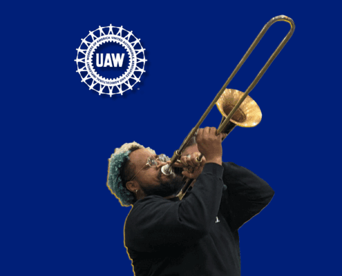 UAW graphic featuring a musician playing a trombone that was made at the Conn-Selmer plant in Eastlake, OH.