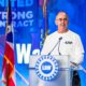 UAW President Shawn Fain introduces U.S. Senator Bernie Sanders on the final day of the 2026 National CAP Conference in Washington, D.C., on February 11, 2026.