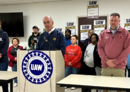 UAW President Shawn Fain addresses the media during a press conference announcing a potential strike at Lorain County Jobs and Family Services on February 16, 2026.
