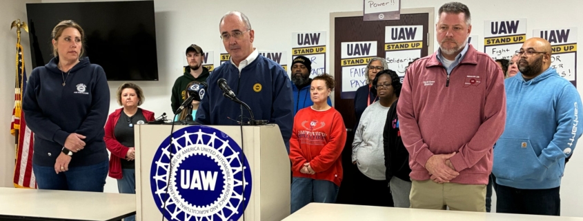 UAW President Shawn Fain addresses the media during a press conference announcing a potential strike at Lorain County Jobs and Family Services on February 16, 2026.