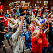 UAW Local 2092 members rally in Three Rivers, MI, ahead of contract negotiations with American Axle on March 29, 2026.