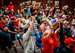UAW Local 2092 members rally in Three Rivers, MI, ahead of contract negotiations with American Axle on March 29, 2026.
