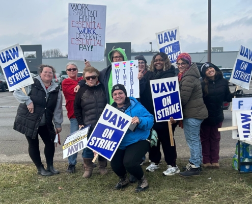 UAW Local 2192 members on the picket line at Lorain County Jobs and Family Services in Elyria, OH, on March 3, 2026.