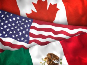 Illustration of Canadian, American, and Mexican flags together, symbolizing North American trade agreements, cooperation, and economic integration.