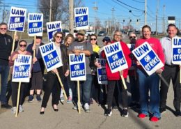 Photo of UAW Local 2192 members and supporters on the picket line at Lorain County Jobs and Family Services in Elyria, OH, on March 9, 2026.