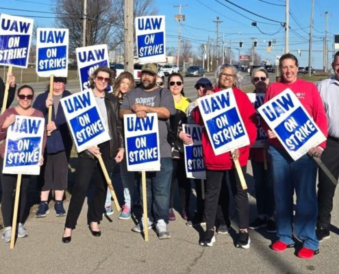 Photo of UAW Local 2192 members and supporters on the picket line at Lorain County Jobs and Family Services in Elyria, OH, on March 9, 2026.