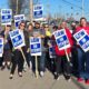 Photo of UAW Local 2192 members and supporters on the picket line at Lorain County Jobs and Family Services in Elyria, OH, on March 9, 2026.