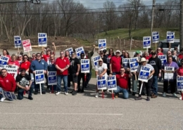 Photo of UAW Local 2192 members and supporters on the picket line at Lorain County Jobs and Family Services in Elyria, Ohio.