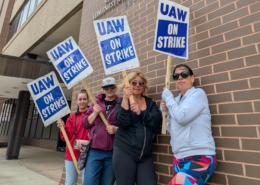 UAW Local 2192 members picket at Lorain County Job and Family Services in Elyria, Ohio.