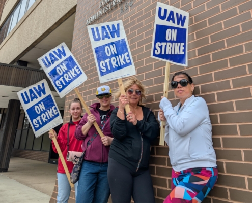 UAW Local 2192 members picket at Lorain County Job and Family Services in Elyria, Ohio.