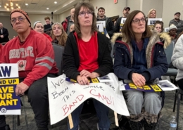 Photo of UAW Local 2359 members at a rally to save the Conn-Selmer plant in Eastlake, Ohio, in February 2026.