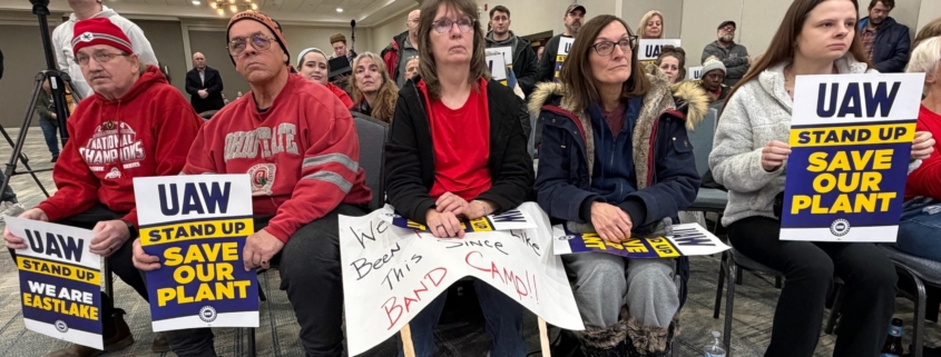 Photo of UAW Local 2359 members at a rally to save the Conn-Selmer plant in Eastlake, Ohio, in February 2026.