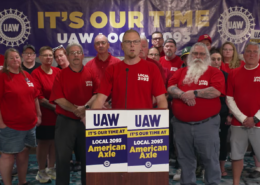Screenshot of UAW Local 2093 members with Region 1-D leadership and UAW President Shawn Fain.
