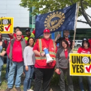 Photo of Michigan Science Center workers and UAW members in Detroit.