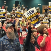 UAW Local 2093 members and supporters rally ahead of contract negotiations with American Axle in Three Rivers, MI.