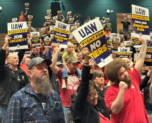 UAW Local 2093 members and supporters rally ahead of contract negotiations with American Axle in Three Rivers, MI.