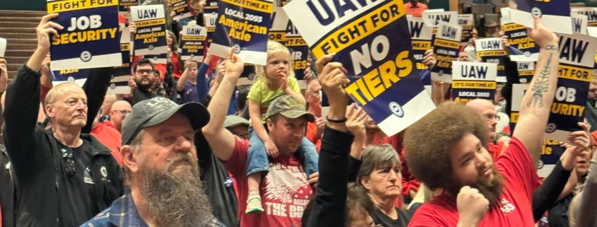 UAW Local 2093 members and supporters rally ahead of contract negotiations with American Axle in Three Rivers, MI.