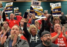 UAW Local 2093 members who work at American Axle attend a rally in Three Rivers, MI.