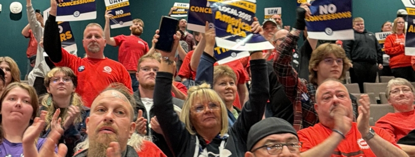 UAW Local 2093 members who work at American Axle attend a rally in Three Rivers, MI.