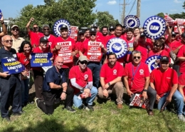 UAW Local 5101 members are joined by Region 4 Director Brandon Campbell and Assistant Director Lucas DeSpain during a practice picket at Woodward MPC outside of Chicago on June 30, 2026.
