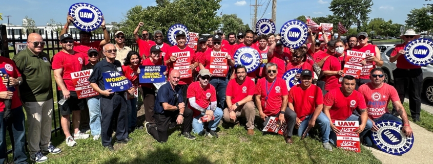 UAW Local 5101 members are joined by Region 4 Director Brandon Campbell and Assistant Director Lucas DeSpain during a practice picket at Woodward MPC outside of Chicago on June 30, 2026.