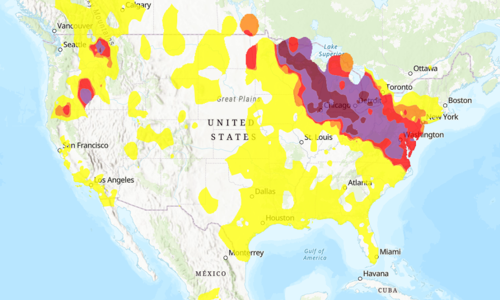 Screenshot of the air quality map as of 1 pm ET on July 17, 2026.
